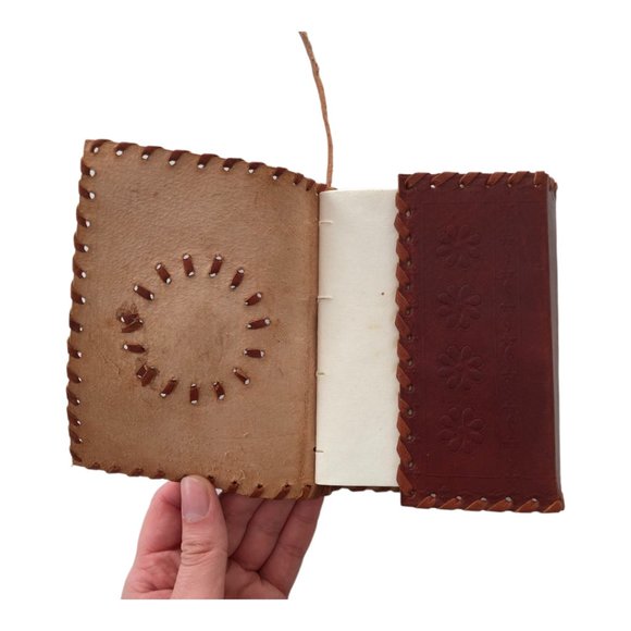 Leather Mahogany Woven Embossed Wrap Green Stone Journal - Picture 7 of 12